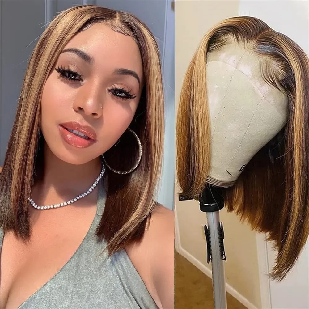 Pre Parted 13X4 Lace Front Bob Wig - Парик с блондированными прядями, короткий парик
