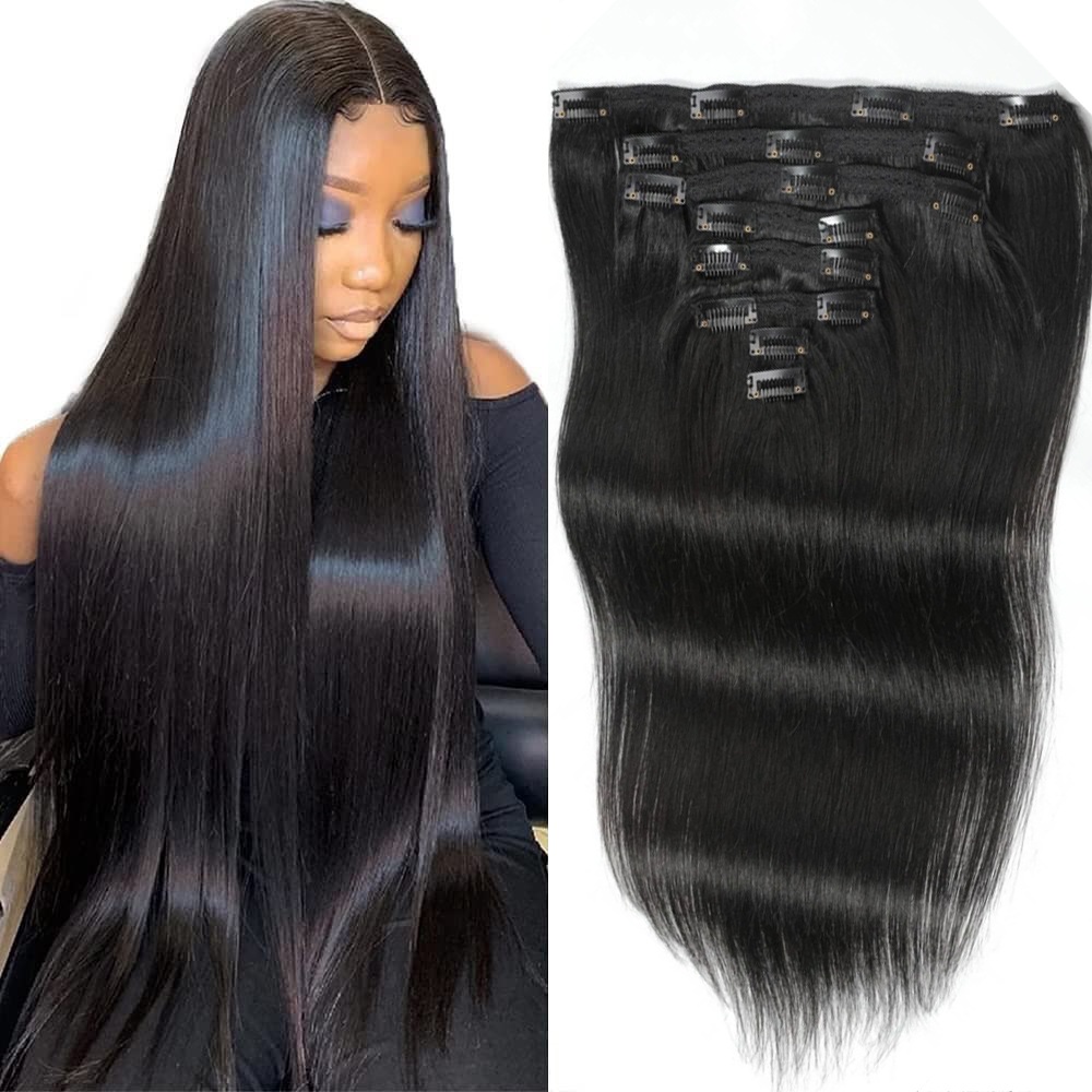 Seamless Clip In Hair Extensions Human Hair - Прямые накладные пряди для волос, натуральные,